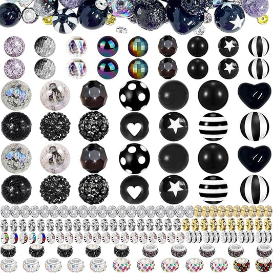 163 Pcs Pen Beads for Beadable Pens: Bubblegum Beads for Pen Making Bulk with Spacer Bead Rhinestone Bead (Black)