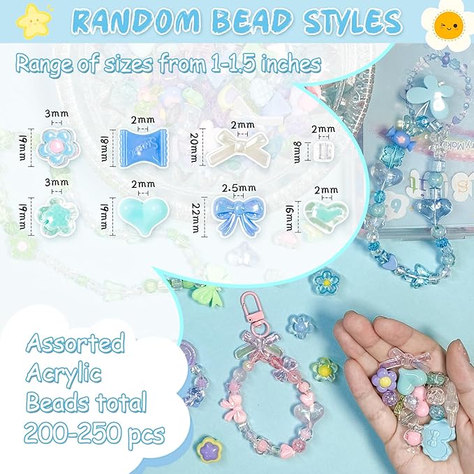 joyjellies bracelet making kit assorted acrylic beads, 4 colors charms keychain making kit with string key ring clips bow heart cute beads for bracelets arts and crafts jewelry making kits
