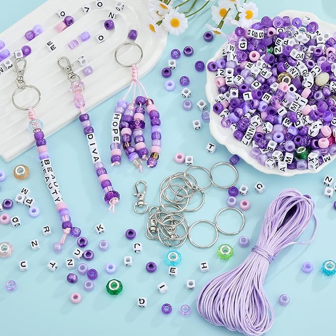 BEEFLYING 750 Pcs DIY Bead Keychain Kit Key Chain Making Crafts Letter Beads Strings Adjustable Alphabet Key Ring Jewelry Backpack Accessories Holiday Party Festival Favor Gift (Purple)