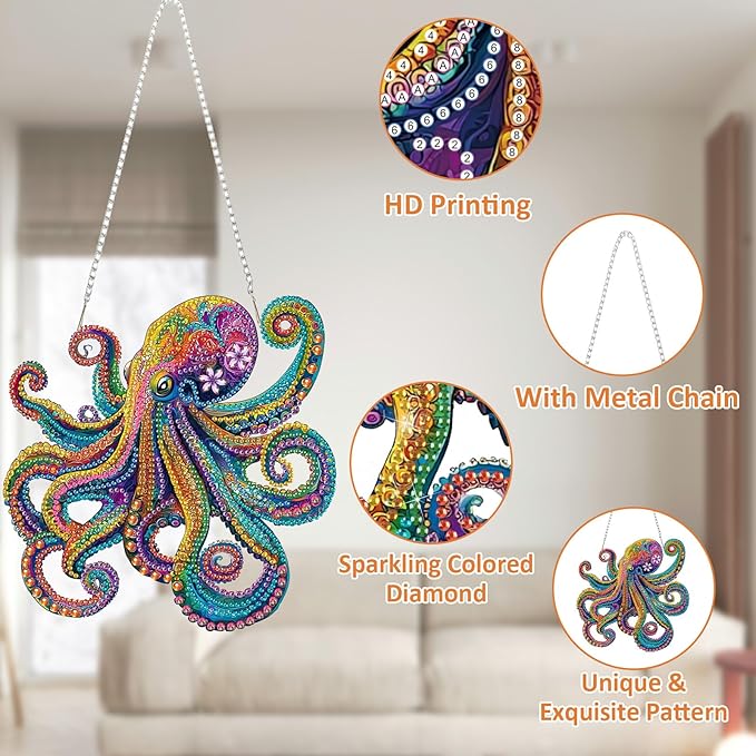SENQAO Octopus Diamond Art Hanging Kit for Adult, Special Shaped Rhinestone, DIY Acrylic 5D Diamond Art Painting Window Pendants Home Garden Wall Hanging Kits Hanging Ornament