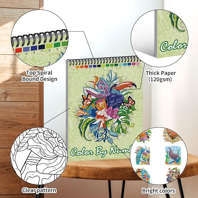 Jadeso Color by Numbers Adult Coloring Book, 30 Pages of Original Animals Patterns, Spiral Bound Coloring Book for Adults Relaxation, Color by Numbers for Adult, Thick Smooth Paper(120gsm)