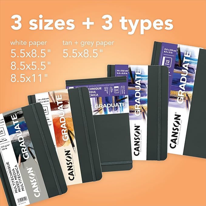Canson Graduate Mixed Media Paper, Hard Cover Art Journal, 5.5x8.5 inches, 36 Sheets — Artist Paper for Collage, Watercolor, Ink, Pencil, Marker