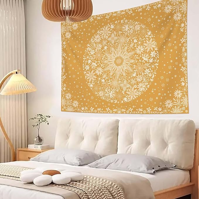neasow bohemian tapestry wall hanging, orange floral tapestry with dotted daisy medallion print bedroom boho hippie home decor, 36x48 inches