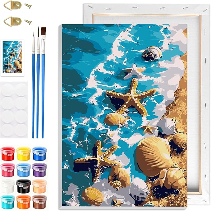 GHHKUD Starfish Paint by Numbers with Frame for Adults Beginners, DIY Seaside Landscape Paint by Numbers for Age 6-12, Art on Canvas Gifts Home Wall Decor 8x12in