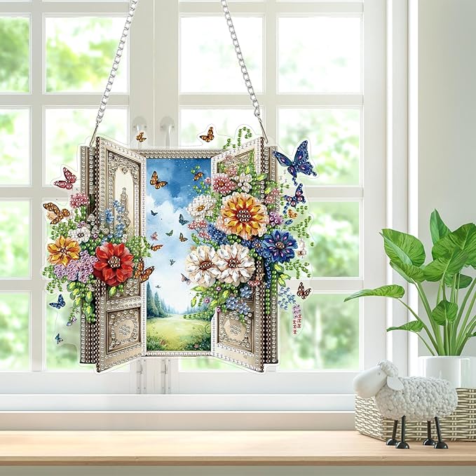 Bowetile Garden Scene Diamond Art Hanging Kits for Adults, Diamond Art Suncatchers Enchanted Flower Door, 5D Special Shape Diamond Painting Pendant Window Ornament Gifts for Home Wall Decor