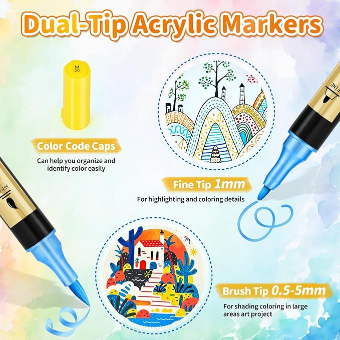 IVSUN Metallic Marker Pens, 30 Metallic & 30 Regular Colors Dual Tip Acrylic Paint Pens for Black Paper, Photo Album, Rock Painting, Wood, Card Making, DIY Crafts, Scrapbook Supplies