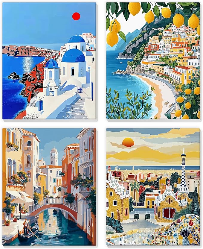 NEWENMO 4 Pack Paint by Numbers Kit for Kids Beginner with Wooden Frame, Beautiful Coast Village, Paint by Numbers Kit for Adults, Park and Cityscape, DIY Painting Kits for Home Wall Decor 8x10 inch