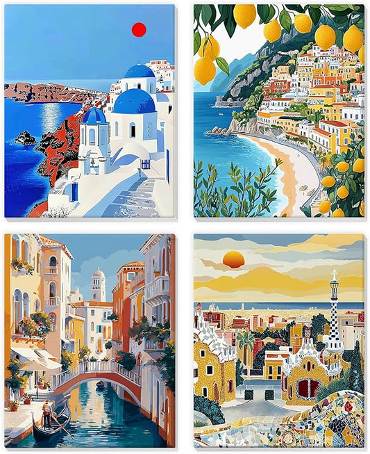 NEWENMO 4 Pack Paint by Numbers Kit for Kids Beginner with Wooden Frame, Beautiful Coast Village, Paint by Numbers Kit for Adults, Park and Cityscape, DIY Painting Kits for Home Wall Decor 8x10 inch