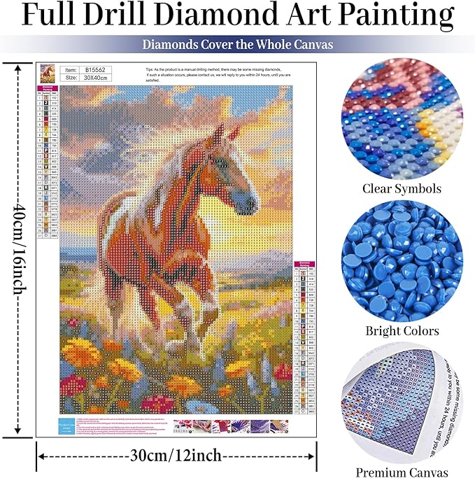 Fountor Horse Diamond Art Kits for Adults, Horse Diamond Painting Kits for Adults Beginners, DIY 5D Flower Diamond Painting with Round Gem Art Kits for Gift Home Wall Decor 12x16 Inch