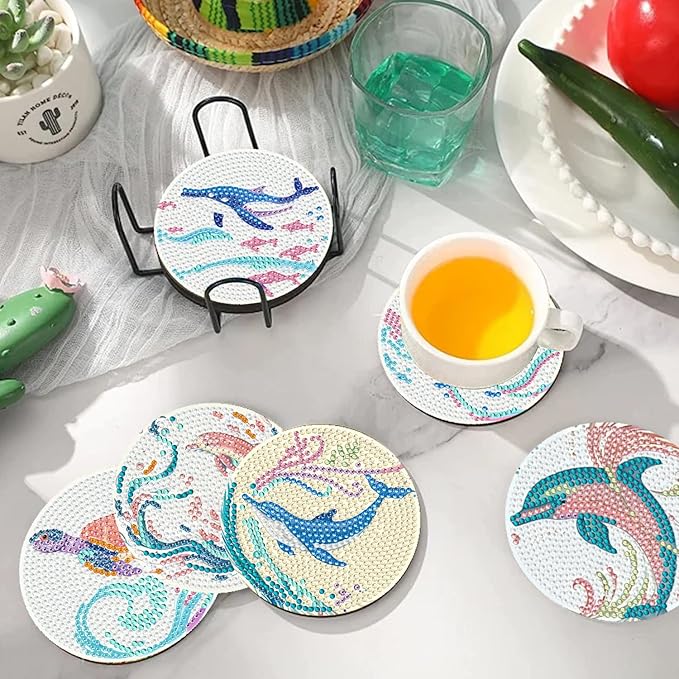 EWJRNSF 10 PCS Diamond Art Coasters Kit, Small Diamond Painting Coasters, Fall Diamond Art Kits for Adults Beginners, Arts and Crafts Supplies Item Sets with Holder Ocean