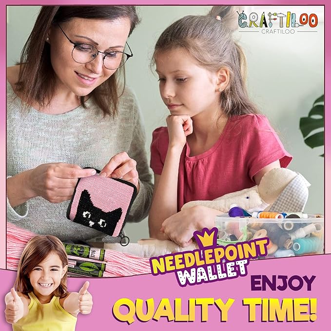 CRAFTILOO Needlepoint Kit for Kids — Beginner Cross Stitch Sewing Kit with Pre Printed Canvas, Easy Embroidery Arts and Crafts Starter Set for Girls and Boys Ages 6-12 (Cat)