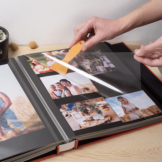 Large Photo Album Self Adhesive 4x6 5x7 3x5 8x10 Scrapbook Magnetic Album DIY Scrap Book Length 13 x Width 12.8 (Inches) 120 Black Sticky Pages Linen Cover DIY Photo Album(Orange)