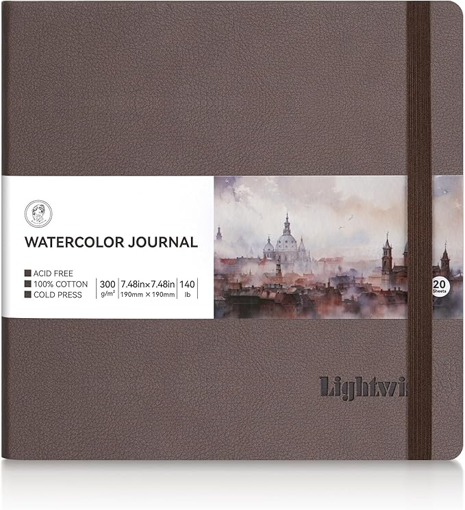 Lightwish Square Watercolor Journal, 100% Cotton Cold Press Watercolor Paper Sketchbook 7.48”x 7.48”, 20 Sheets (140lb/300gsm), Acid-Free for Watercolors, Gouache, Acrylics