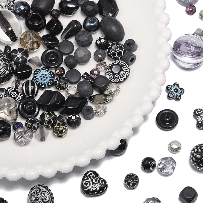 7.5 OZ Assorted Vintage Acrylic Beads for Jewelry Making, Song Xi Unique Flower Rose Czech Beads for Bracelet Earrings, Bohemia Style, Bulk, DIY Holiday Gift (240-260 PCS, Black)