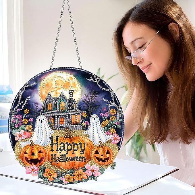 Pavemlo Hanging Diamond Art Kits for Adults Halloween Ghost – 8x8 Inch Double-Sided Acrylic Board DIY Crystal Diamond Suncatcher Pendant, Sparkling Home Wall or Window Decoration Handmade Gifts