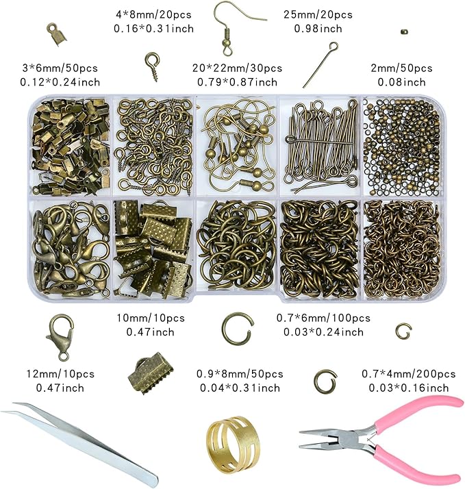 Gacuyi Jewelry Making Supplies Kit, Jewelry Repair Tools Kit with Pliers, Open Jump Rings, Lobster Clasps, Earring Hooks, Eye Pins, Findings and Beading Wires for Adults and Beginners (Bronze)