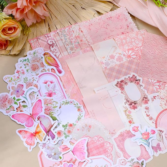 TIESOME 100pcs Vintage Floral Scrapbook Paper and Journaling Stickers Assorted Set, Memo Labels for Junk Journal Planner Collage Card Album Decor(Pink)