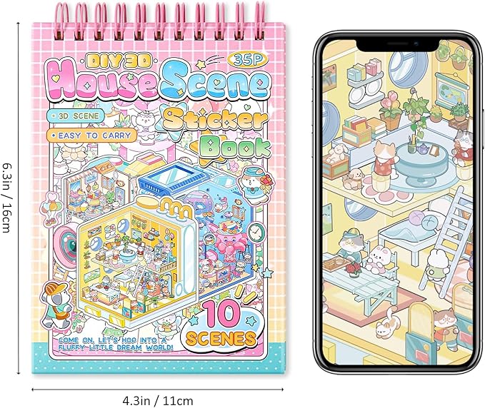 10 Sets DIY 3D House Stickers, Scene Miniature Scene Sticker Book, Cute Cartoon Scenes for Women Girls Teen Kids, Make Your Own Sticker, Fun Room Sticker BookRelief Stress Pass The Time
