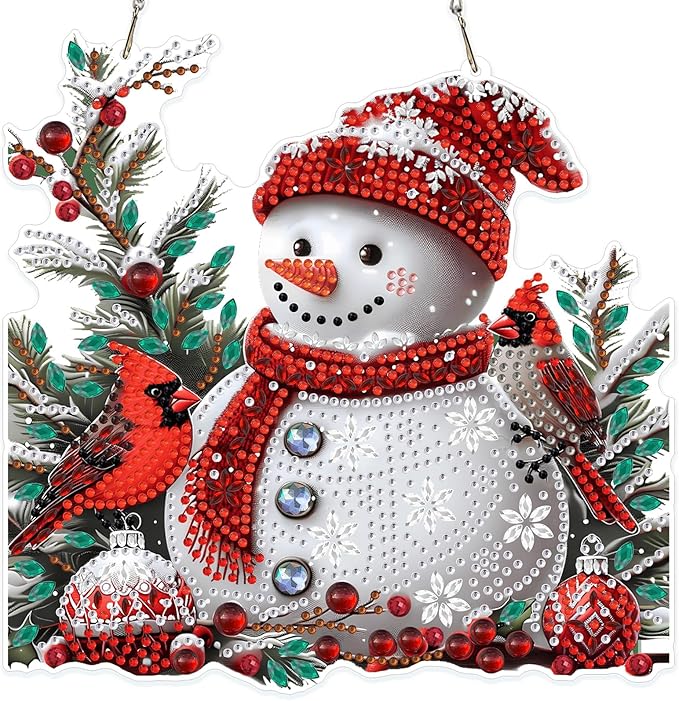 MOGTAA Christmas Snowman Diamond Art Hanging Kits for Adults Kids, Christmas Cardinal Diamond Art Suncatchers, 5D Special Shape Winter Diamond Painting Window Pendant Kit for Home Garden Wall Decor
