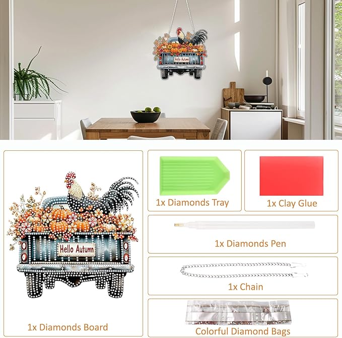 SENQAO Fall Chicken Diamond Art Hanging Kits for Adults Kids, Acrylic Diamonds Painting Pendant Board Kit Truck, Diamond Art Painting Window Pendants Home Garden Wall Hanging Kits Hanging Ornament