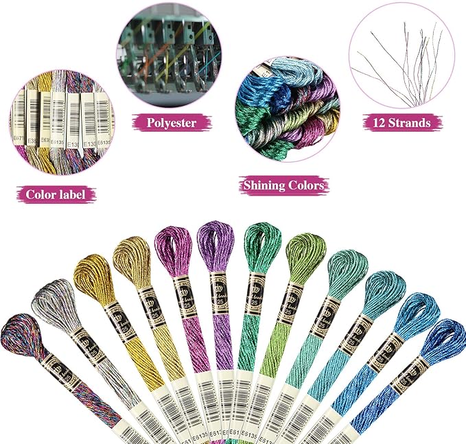 WILLBOND 24 Pcs Metallic Embroidery Floss Cotton Stitch Embroidery Thread Skein Threads Glitter Embroidery Thread Cross Stitch Thread for Friendship Bracelets DIY Thread Crafts(Classic Color)