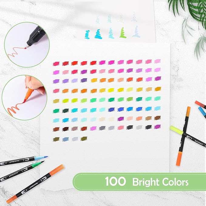 100 Colors Brush & Fine Dual Tip Watercolor Markers for Adult Coloring Books No Bleeding Professional Paint Pens For Drawing Note taking Planner Calligraphy Journaling Card Making Art Supplies