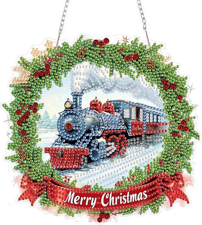 TOSTOG Hanging Diamond Art Kits for Adults, Christmas Train Diamond Paintings for Adults, Diamond Art Kits Window Pendant, 5D Diamond Paintings Hanging Pendant Kit Wall Decor Gift