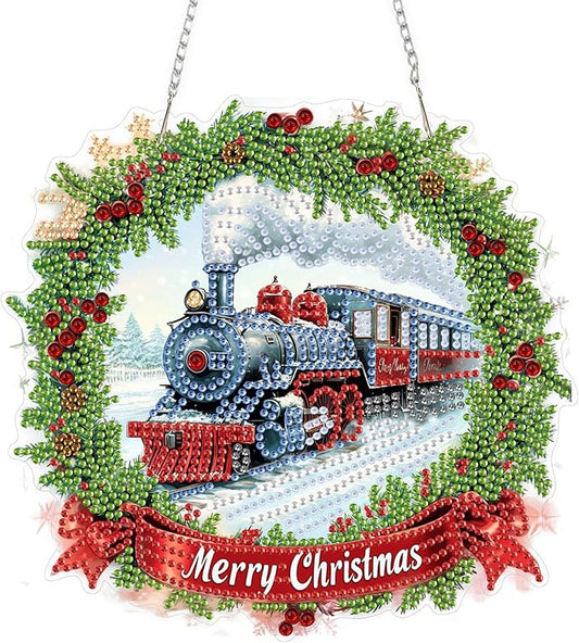 TOSTOG Hanging Diamond Art Kits for Adults, Christmas Train Diamond Paintings for Adults, Diamond Art Kits Window Pendant, 5D Diamond Paintings Hanging Pendant Kit Wall Decor Gift