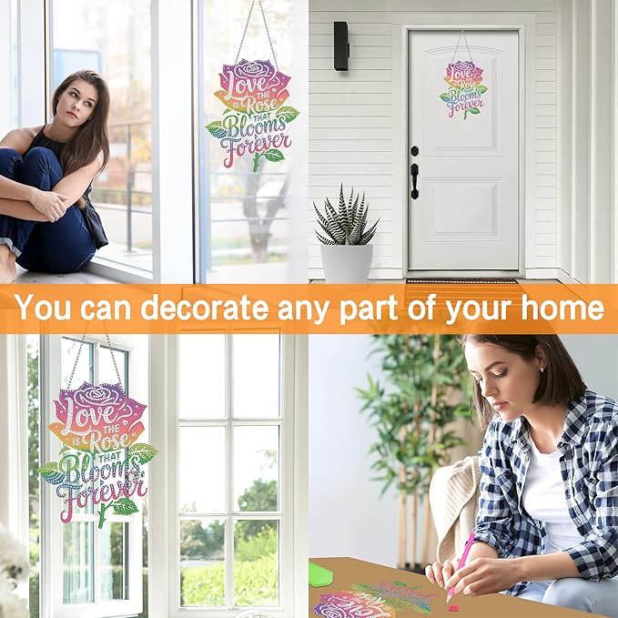 Ginfonr Diamond Painting Kits Hanging Pendant, Rose Diamond Art Kits for Adults, Special Shaped Rhinestone Valentine's Day Diamond Art, Double Sided Hanging Kits for Garden Wall Window 8 x 8 inch