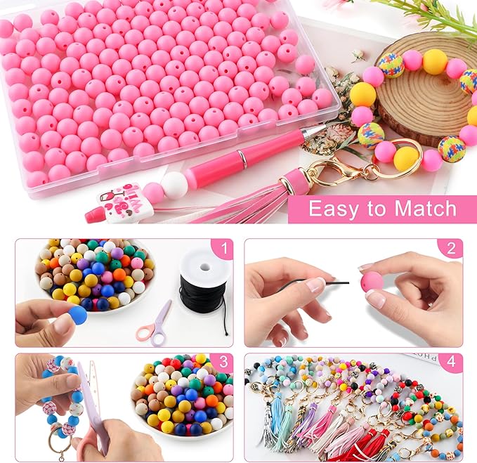 160Pcs 12mm Silicone Beads for Keychain Making Bracelet Necklace, Bulk Round Silicone Beads for Pens(Pink)