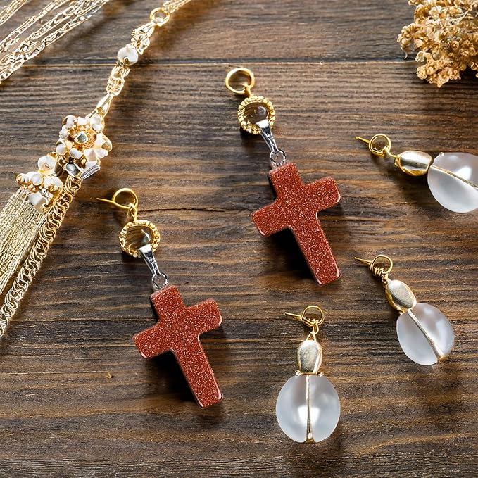 Cross Charms for Jewelry Making Kit - 40-Piece Assorted Gemstone Cross Charms, 10 Colors - Storage Case & Pendant Bails, Keychain Making Kit