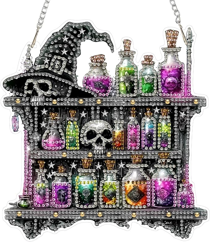 SENQAO Halloween Diamond Art Hanging Kits for Adults Beginners, DIY Acrylic 5D Special Shaped Crystal Diamond Gem Art Painting Hanging Ornament for Home Wall Decor and Gift（Magic Potion Skull）