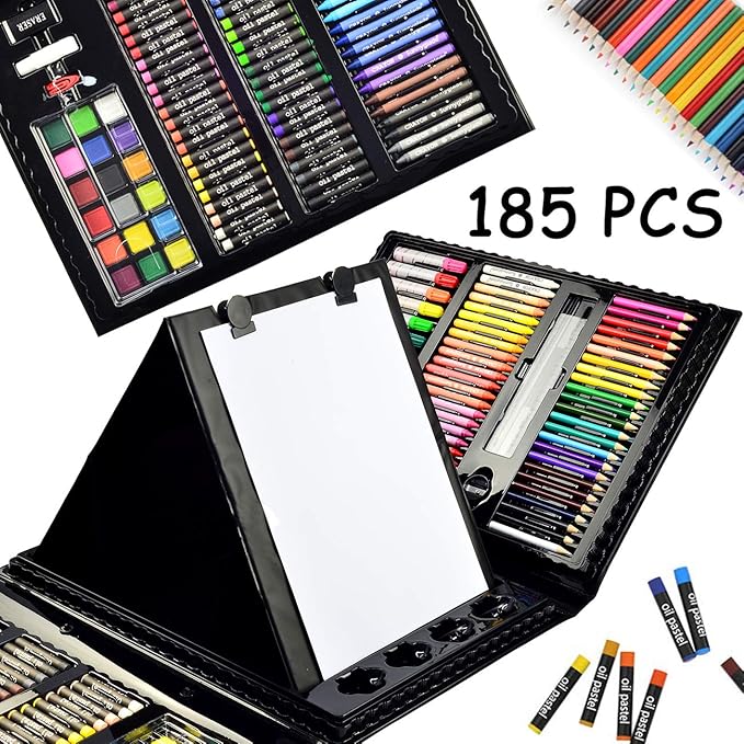 Sunnyglade 185 Pieces Double Sided Trifold Easel Art Set, Drawing Art Box with Oil Pastels, Crayons, Colored Pencils, Markers, Paint Brush, Watercolor Cakes, Sketch Pad