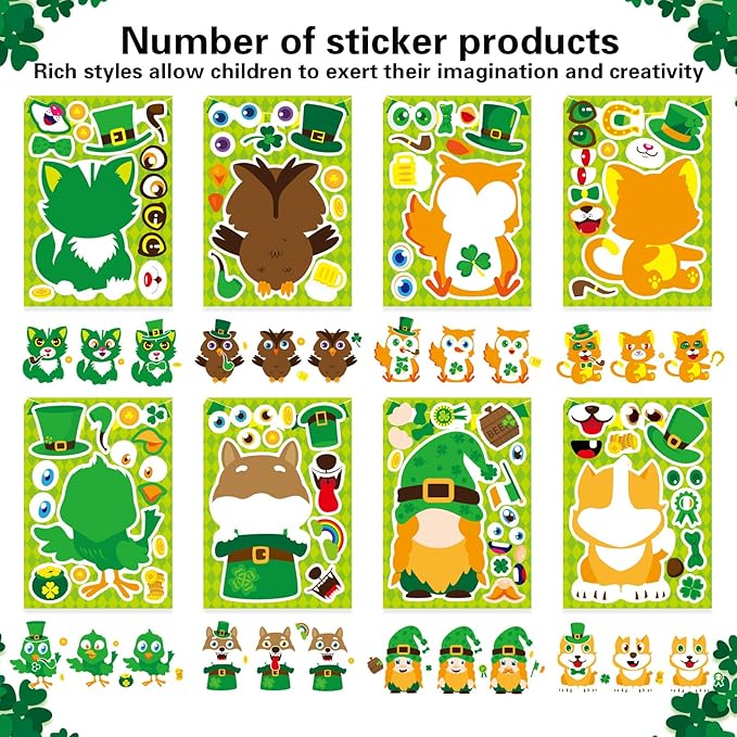 24 sheets st patrick's day stickers mix and match make a face animal stickers st patrick's day party favor supplies, art and craft