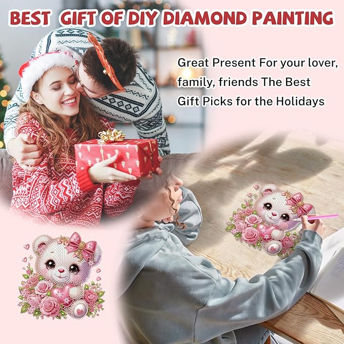 Bowetile Valentine's Day Diamond Art Hanging Kits for Adults, Diamond Art Suncatchers Bear, 5D Special Shape Diamond Painting Flowers Pendant Window Ornament Gifts for Home Door Wall Decor