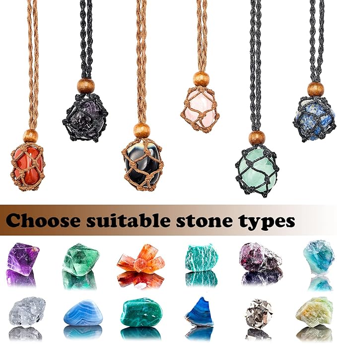 Hicarer 6 Pieces D20 Necklace Cord Empty Stone Holder Empty Necklace Holder Quartz Crystal Stone Cord, 3 Sizes Adjustable Cage Fish Netted for DIY Jewelry Making(Black,Brown)