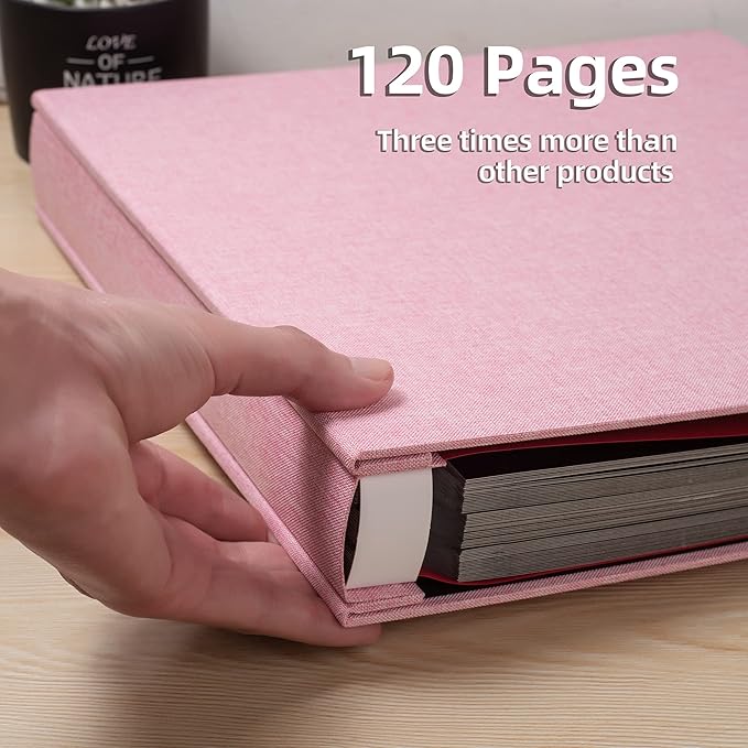 Large Photo Album Self Adhesive 4x6 5x7 3x5 8x10 Scrapbook Magnetic Album DIY Scrap Book Length 13 x Width 12.8 (Inches) 120 Black Sticky Pages Linen Cover DIY Photo Album(Pink)