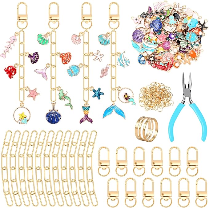 AUGSUN 189Pcs Ocean Themed Keychain Making Kit, Charm Jewelry Chain Making Crafts Including 60 Summer Beach Charms 12 Keychain Clips Hooks 15 Extender Chains 100 Jump Ring and Jewelry Plier