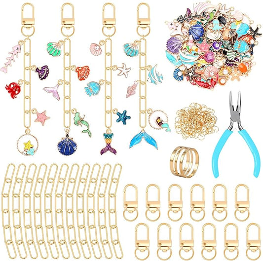 AUGSUN 189Pcs Ocean Themed Keychain Making Kit, Charm Jewelry Chain Making Crafts Including 60 Summer Beach Charms 12 Keychain Clips Hooks 15 Extender Chains 100 Jump Ring and Jewelry Plier