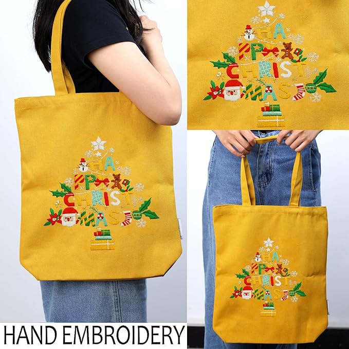 CREAWONDER Canvas Tote Bag Embroidery Kit with Pattern for Beginners, Arts and DIY Embroidery Crafts Kits for Adults, Include Instructions, Thimble, Embroidery Hoops, Color Threads and Tool