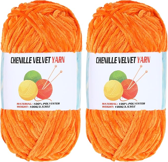 2 * 100g Velvet Chenille Chunky Yarn, Handcrafts Weaving Soft Chenille Yarn for Crocheting Clearance, Used for Making Baby Yarn Blanket, Clothes, Knitting Creations (Orange)