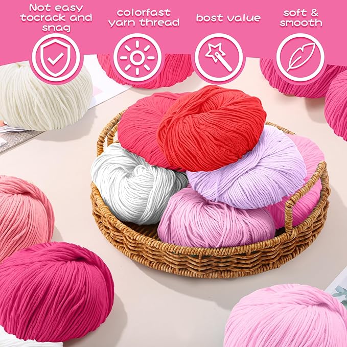 16 Skeins Cotton Yarn for Crocheting Knitting Soft Fine Clothes Cotton Blankets Yarn Bulk Assorted Colors for DIY Craft, Each 50g/185yard, 16 Colors(Pink Series)