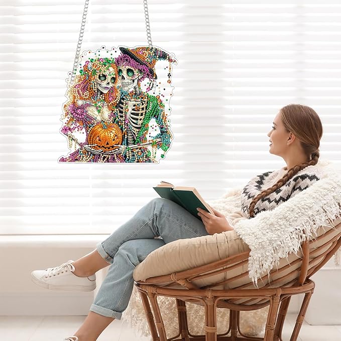 Bimkole Skull Diamond Art Hanging Kit for Adult, DIY 5D Diamond Art Halloween Window Pendant, Acrylic Crystal Art Hanging Ornament Home Wall Garden Front Door Sign Outdoor Decor 7.8x7.8 Inch