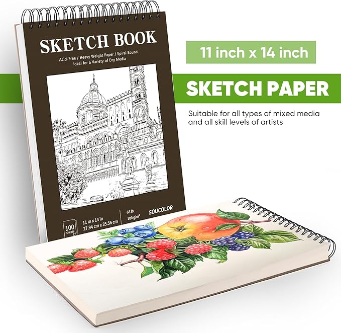 soucolor 11" x 14" large sketchbook, 100 sheets 68lb/100gsm top spiral bound large sketch pad, acid free big sketch paper for drawing, illustration, art class