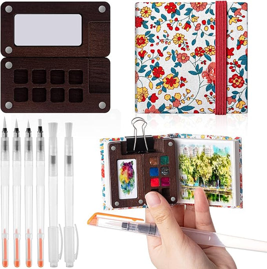 Qilery Mini Portable Watercolor Palette Set Wooden Grid Paint Box Watercolor Paper Sketch Book Brush Pens with Binder Clip for Painters Artist Not Include Paint(Red Flowers)