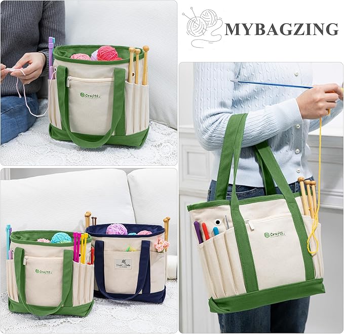Canvas Yarn Storage Organizer Bag Washable Crochet Bag with Pockets for Yarn, Hooks, Needles – Travel Knitting Tote for Crafters – Gift for Crocheters & Knitters (Medium/Large)