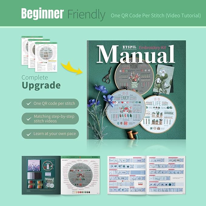 ETSPIL Embroidery Kit for Beginners & Adults, 3-Pack 33-Stitch Practice Samplers, Pre-Stamped Patterns, 7.8 inch Hoop, Floss & Needles, Step-by-Step Guide and Video Tutorials, DIY Needlework Gift