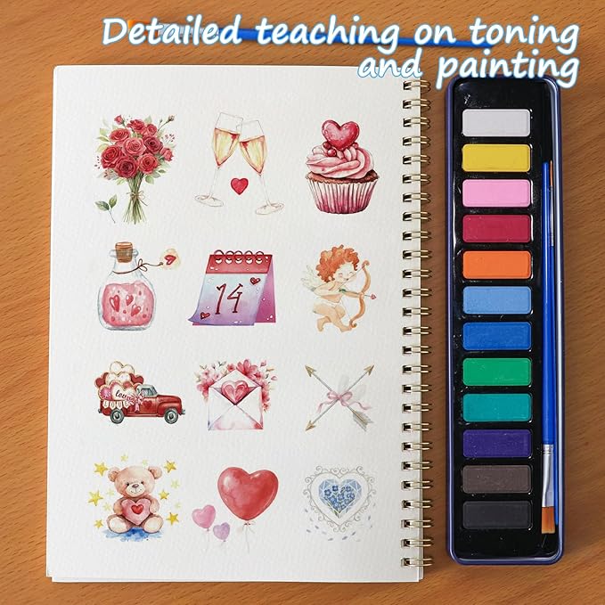 Valentine's Day Gift Watercolor Workbook for Adults - Watercolor Sketchbook with 12 Beginner-Friendly Sketched Illustrations, Lay-Flat Spiral Pages, 120lb Premium Watercolor Paper（Valentine's Day）