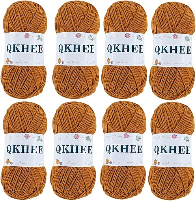 QKHEEYarn for Crocheting and Knitting 8 * 1.76 Oz (50G) /195yd,Fine/Fingering Weight (1), 60% Cotton 40% Acrylic Soft Yarn kit for Making Granny Squares and amigurumi (Light Brown)
