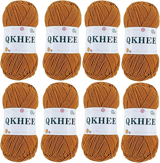 QKHEEYarn for Crocheting and Knitting 8 * 1.76 Oz (50G) /195yd,Fine/Fingering Weight (1), 60% Cotton 40% Acrylic Soft Yarn kit for Making Granny Squares and amigurumi (Light Brown)